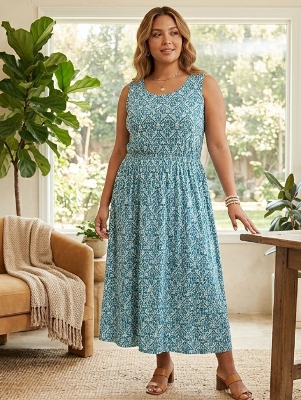 Joan Rivers Sz XL Teal-Blue Printed Sleeveless Maxi Dress